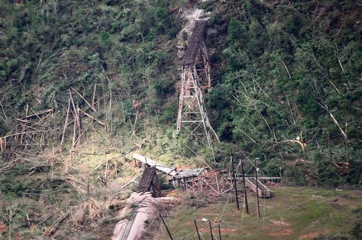 An aerial view shows tornado damage to train trestles just outside Tuscaloosa, Alabama, April 28, 2011. Tornadoes and violent storms ripped through seven southern U.S. states, killing at least 259 people in the country's deadliest series of twisters in nearly four decades.  REUTERS/Marvin Gentry 